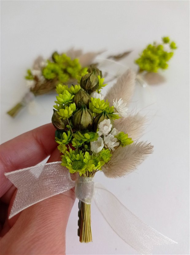 Cocarde nuntă /Brățări domnișoare onoare-flori naturale uscate, Verde