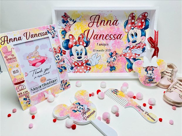 Set aniversar personalizat 1 anisor - Minnie Lovely Little Lady - Tavita turta si accesorii
