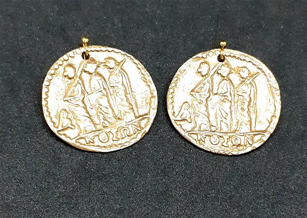 Cercei de autor din bronz, cu model antic, monede koson