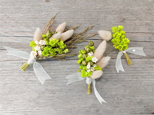 Cocarde nuntă-flori naturale uscate, Verde Bej