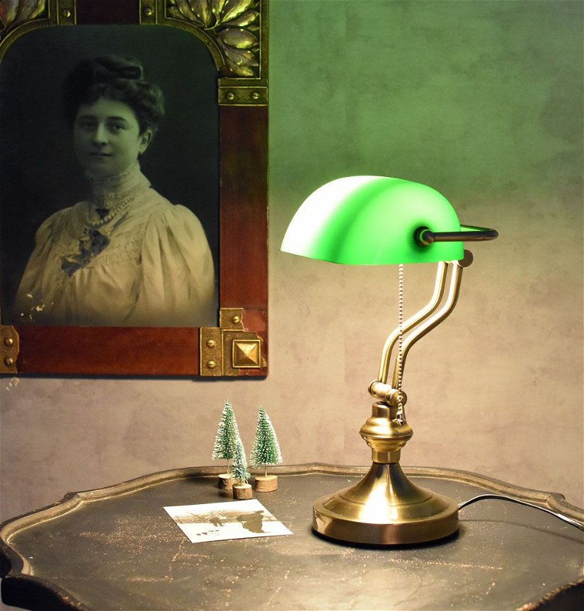 Lampa Banker din alama masiva cu abajur din sticla verde