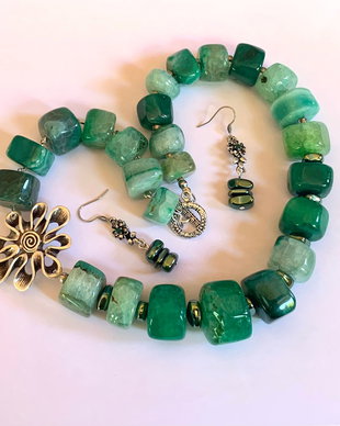 SET ~SECRET GARDEN~ agate rondele mari,hematit electroplacat,toho,zamac argintat,accesorii argintate