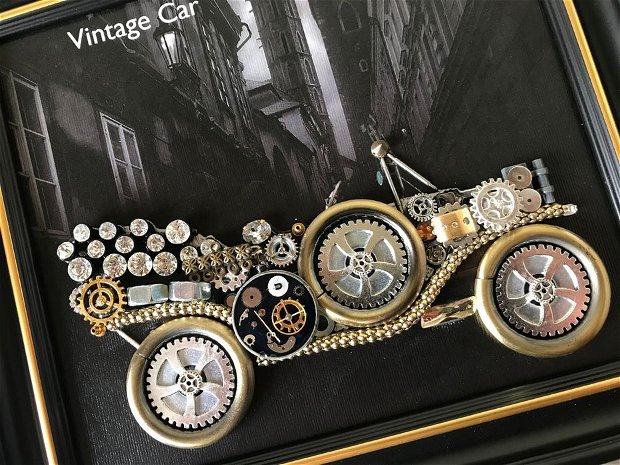 Vintage Car Cod M 234 ・Cadouri unicat pentru el・Tablouri handmade din piese de ceas si mecanisme