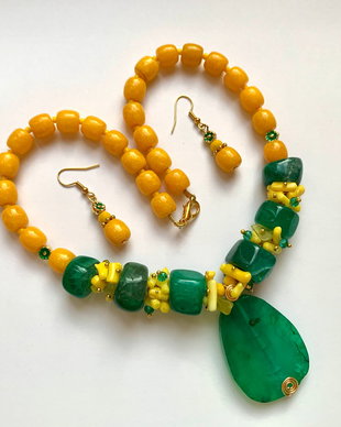 SET ~GOLDEN FIELDS~ jad,agate,toho,coral,accesorii aurii