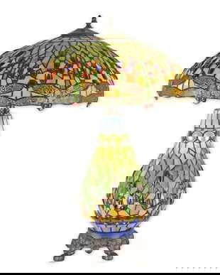 Lampa  mare Tiffany din bronz cu decoratiuni colorate