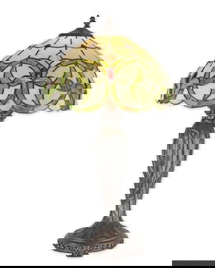 Lampa  mare Tiffany din bronz cu decoratiuni verzi