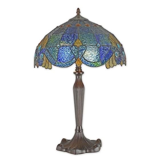 Lampa  mare Tiffany din bronz cu decoratiuni albastre