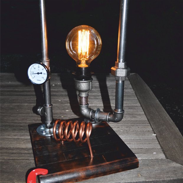 lampa suport lemn steampunkdesigncj, lampa steampunk, corp de iluminat