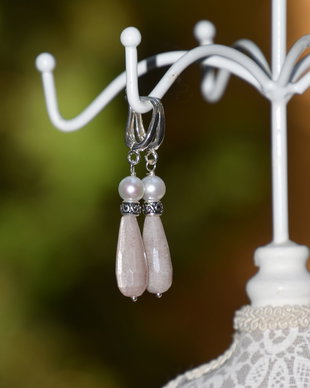 Cercei piatra soarelui si perle, cu accesorii de argint