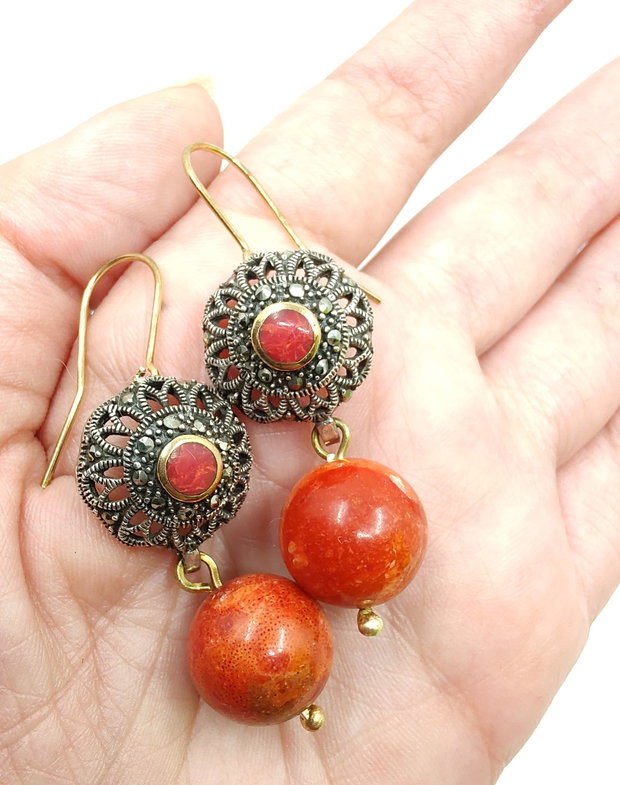 Cercei din argint si coral, cercei lungi argint, cercei statement, cercei handmade