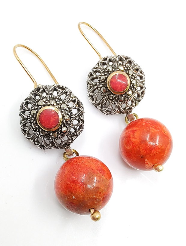Cercei din argint si coral, cercei lungi argint, cercei statement, cercei handmade