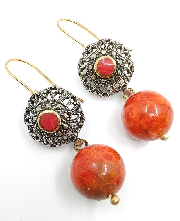 Cercei din argint si coral, cercei lungi argint, cercei statement, cercei handmade