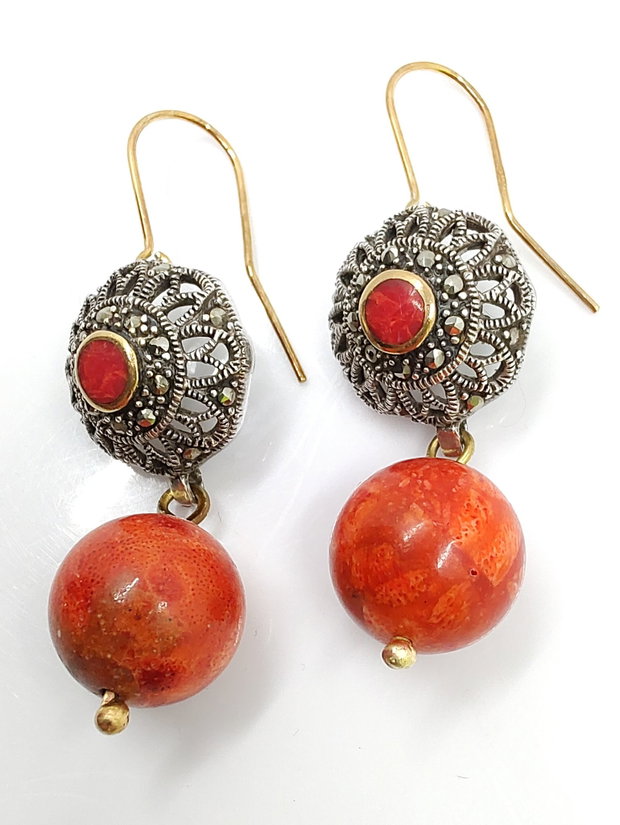 Cercei din argint si coral, cercei lungi argint, cercei statement, cercei handmade