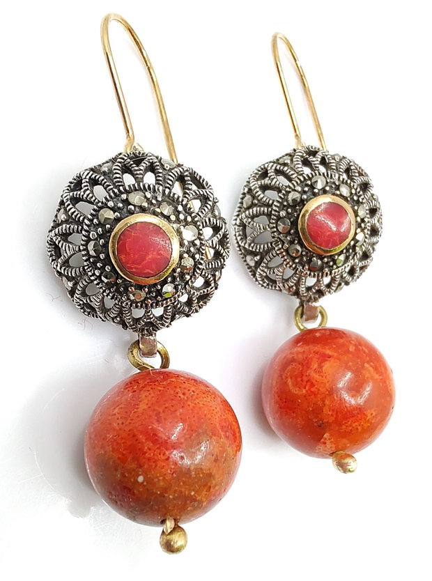 Cercei din argint si coral, cercei lungi argint, cercei statement, cercei handmade
