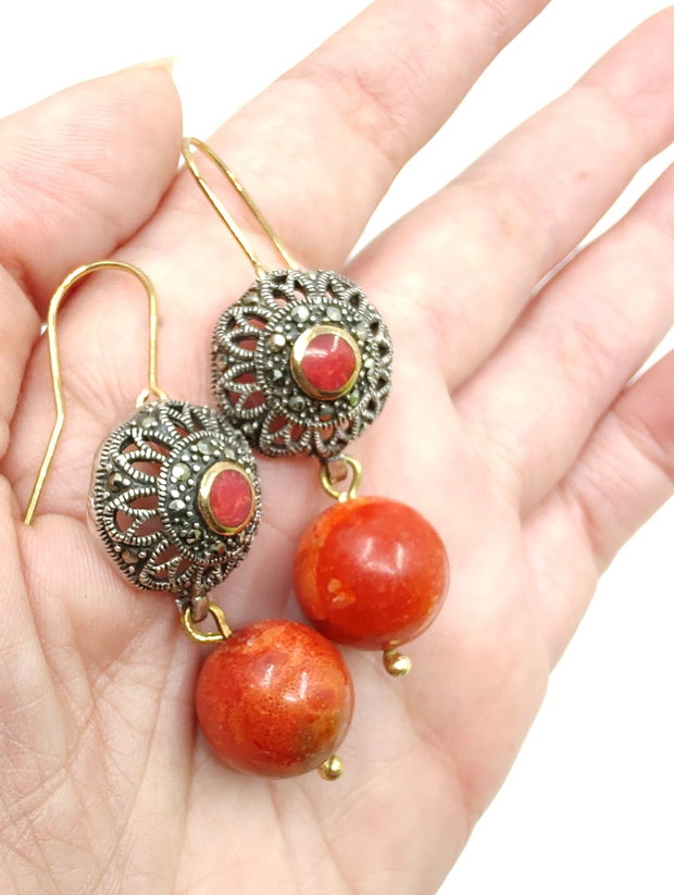 Cercei din argint si coral, cercei lungi argint, cercei statement, cercei handmade