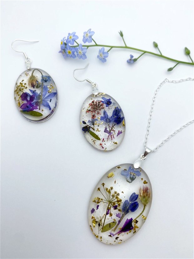 Set de bijuterii din argint cu flori colorate handmade