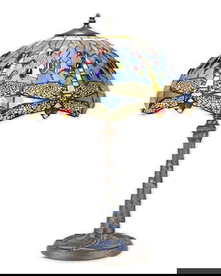 Lampa  mare Tiffany din bronz cu decoratiuni albastre