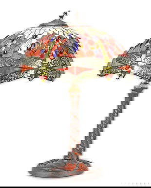 Lampa  mare Tiffany din bronz cu decoratiuni rosii