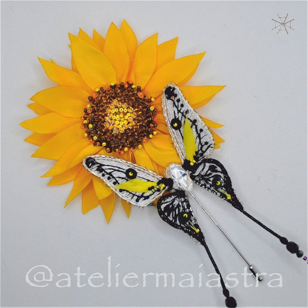 brosa floarea-soarelui handmade 3D, brosa floare, accesorii femei, bijuterii cadou