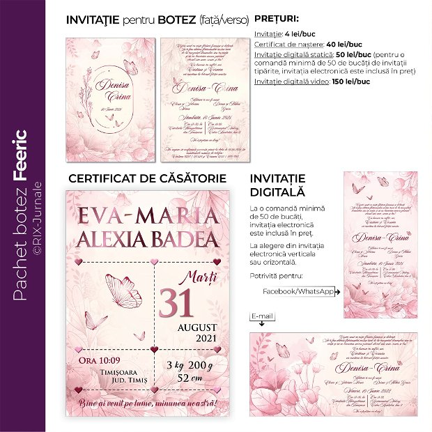 Certificat de naștere - Roz cu fluturi