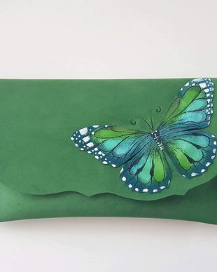 poseta plic handmade unicat din piele- Green Butterfly