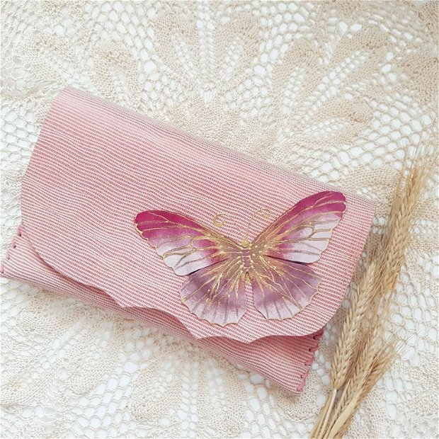 poseta plic handmade unicat din piele- Pink Butterfly