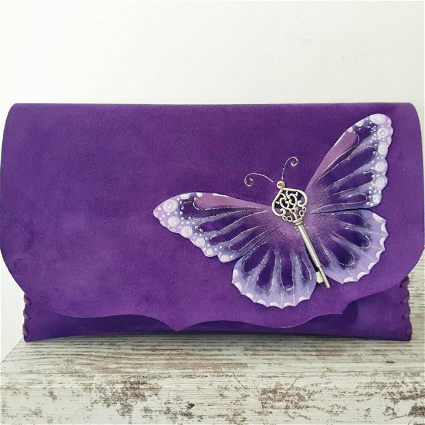poseta plic handmade unicat din piele- Purple Butterfly