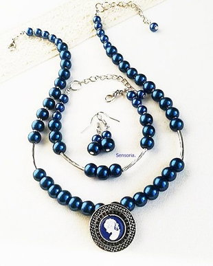 set perle bleumarin si camee