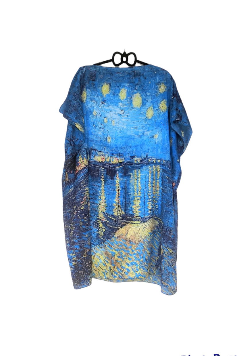 Rochie de plaja tip poncho din matase imprimeu reproducere Van Gogh, Noapte instelata peste Ron