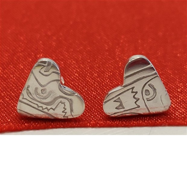 Cercei inimioare, argint pur (999), texurat model Aztec