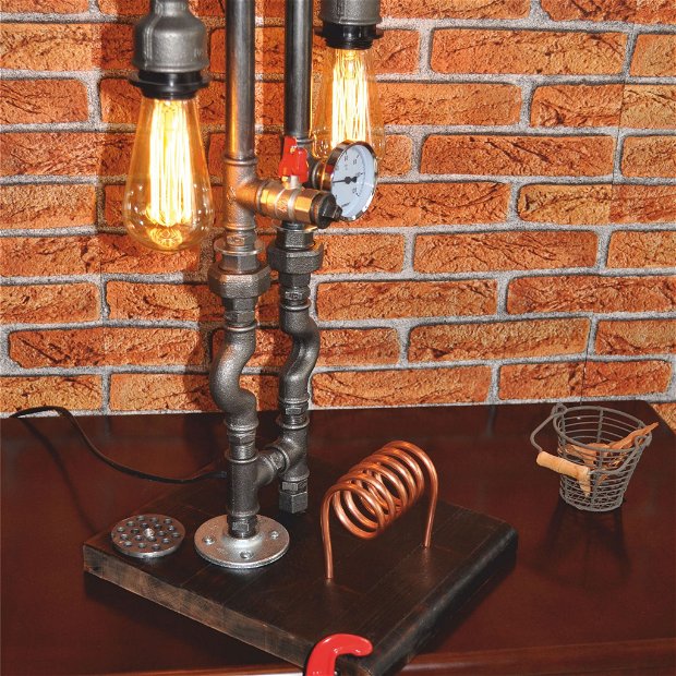 lampa telefon suport lemn steampunkdesigncj, lampa steampunk, corp de iluminat