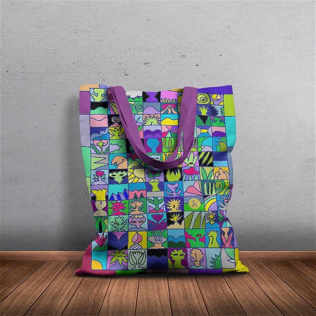 Geanta Handmade Tote Basic, Momente si Amintiri, Multicolor, 43x37 cm