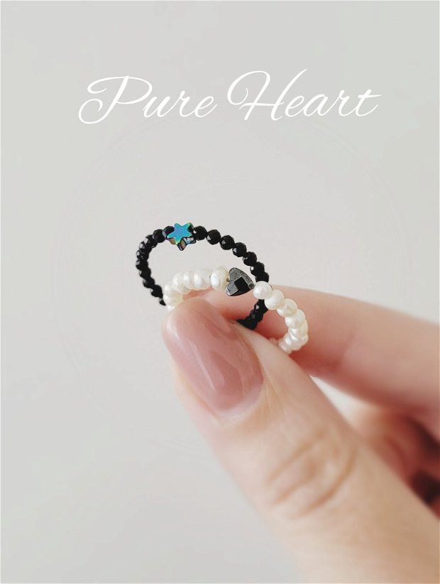 Inel din perle de cultură naturale, argint 925 și inimă din hematit PURE HEART
