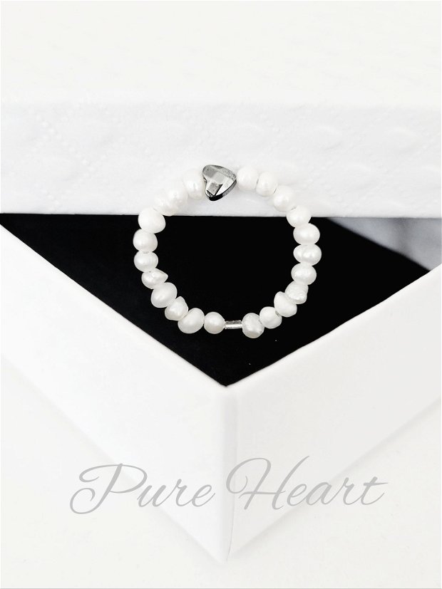 Inel din perle de cultură naturale, argint 925 și inimă din hematit PURE HEART