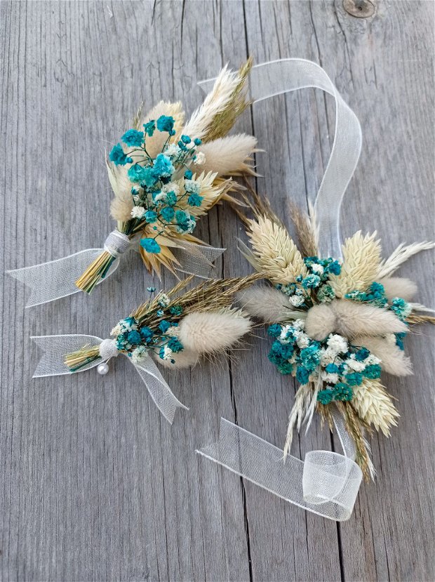 Cocarde nuntă/Brățări domnișoare onoare-flori naturale uscate, Natur Turquoise