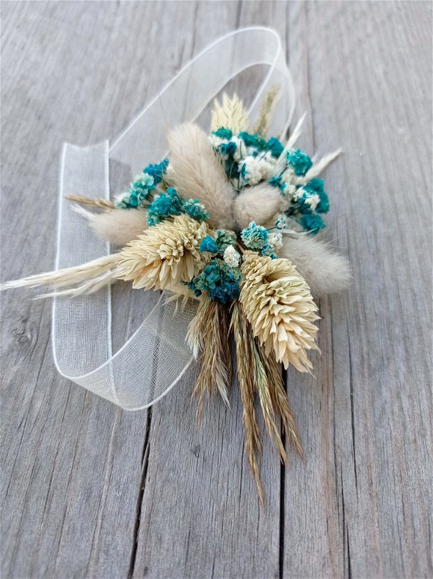 Cocarde nuntă/Brățări domnișoare onoare-flori naturale uscate, Natur Turquoise
