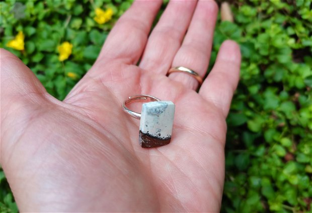 Inel Magnezit si Argint 925 - IN1060 - Inel alb ciocolatiu, inel reglabil delicat, inel mireasa, cristale vindecatoare, cristaloterapie