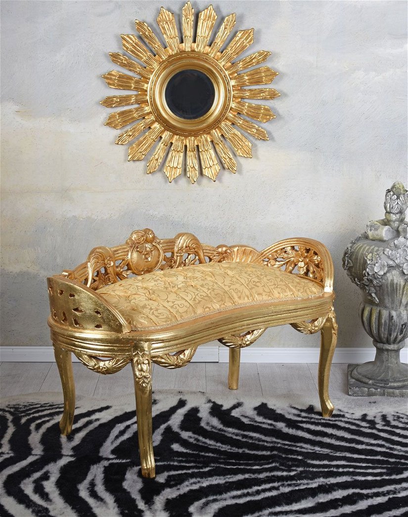 Banca baroc din lemn masiv auriu cu tapiterie aurie