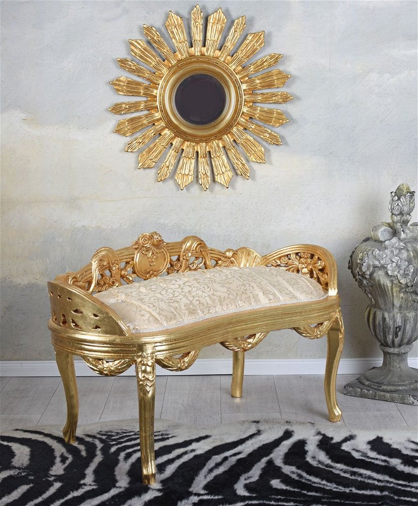 Banca baroc din lemn masiv auriu cu tapiterie crem