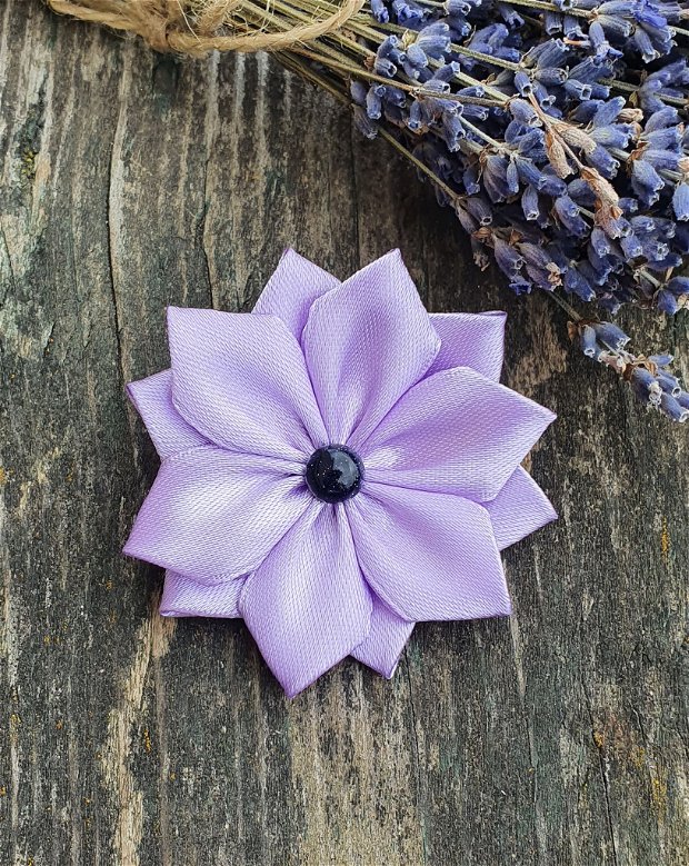 Brosa floare lilac, Brosa handmade din saten