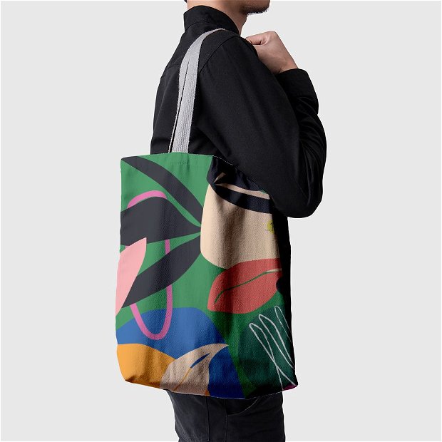 Geanta de Plaja Handmade Tote Basic, Pattern Exotic Verde, Multicolor, 43x37 cm