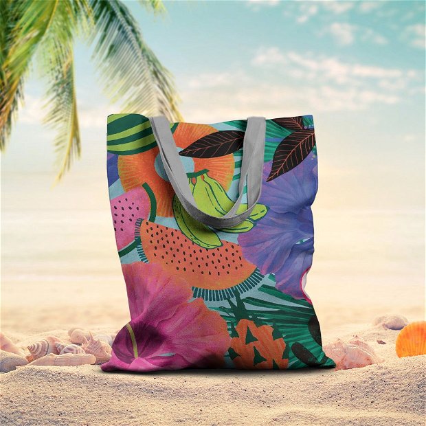 Geanta de Plaja Handmade Tote Basic, Pattern cu Fructe si Plante Exotice, Multicolor, 43x37 cm