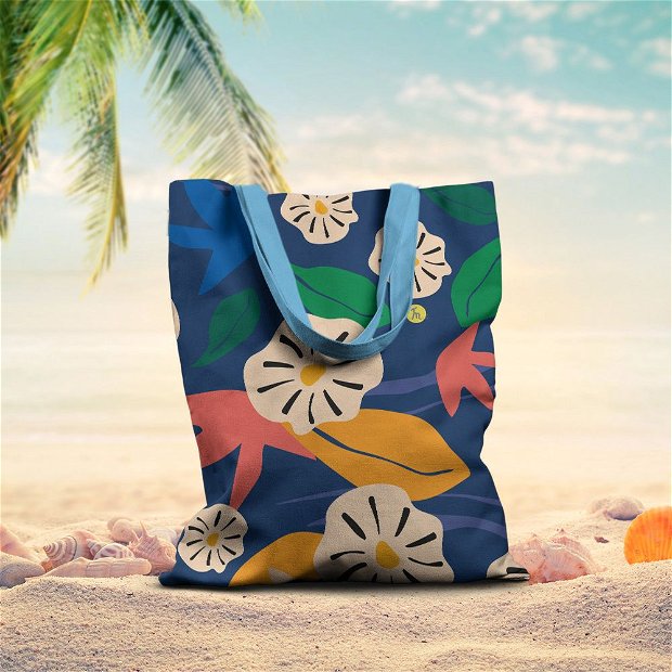 Geanta de Plaja Handmade Tote Basic, Pattern cu Flori Hawaiene, Multicolor, 43x37 cm