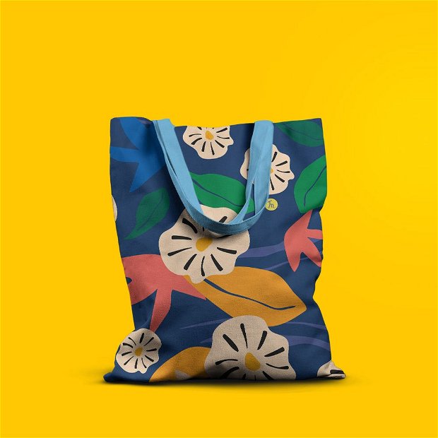 Geanta de Plaja Handmade Tote Basic, Pattern cu Flori Hawaiene, Multicolor, 43x37 cm