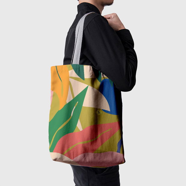 Geanta de Plaja Handmade Tote Basic, Pattern cu Frunze de Plante Exotice, Multicolor, 43x37 cm