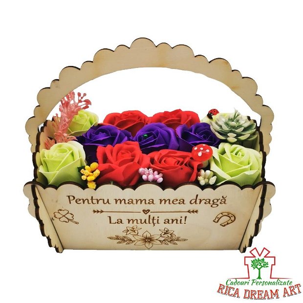Aranjament floral cosulet gravat "Pentru mama mea draga", 11 trandafiri de sapun culori diverse