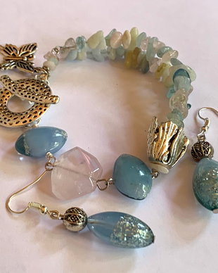 BRATARA ȘI CERCEI ~PASTEL~ morganit,murano,cuarț roz,accesorii argintate