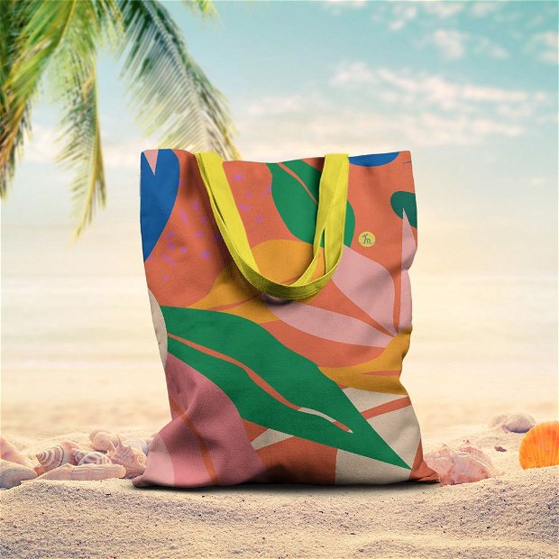 Geanta de Plaja Handmade Tote Basic, Pattern cu Frunze Exotice, Multicolor, 43x37 cm