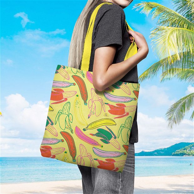 Geanta de Plaja Handmade Tote Basic, Banane pe Fundal Galben, Multicolor, 43x37 cm