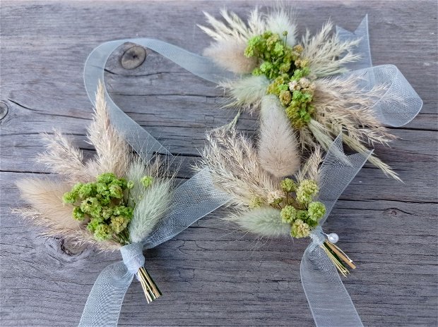 Cocarde nuntă/Brățări domnișoare onoare-flori naturale uscate, Gypsophilia Verde-Pampas-Lagurus